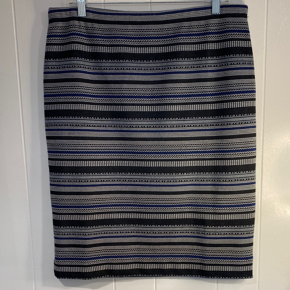Pencil Skirt | Black White Blue Striped Knit | Office Work Stretch | Size Large